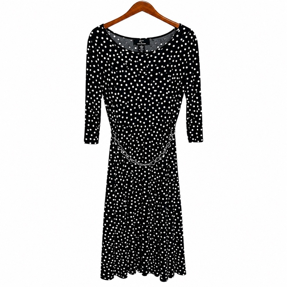 Lennie for Nina Leonard Polka Dot Midi Dress XL Black White Chain Belt